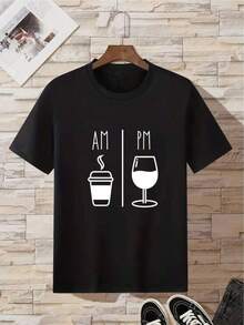 100% Algodón Premium 180g : T-Shirt AM PM estilo y2k diseño divertido y original para amantes del café y vino moda urbana perfecta para cualquier ocasión imprescindible en tu guardarropa. Ropa de Moda Casual Suave y Transpirable para Diario - Negro - Ver 1