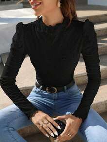 Frenchy Camiseta con bordado con ojal ribete fruncido - Negro - Ver 1