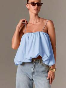 Top de camisola fruncido estilo bohemio con bajo abombado y tirantes ajustables para un estilo casual de verano - Azul - Ver 5