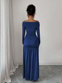 Vestido de punto ajustado de manga larga con hombros descubiertos, elegante y vintage, adecuado para otoño/invierno, Halloween - azul real - Ver 2
