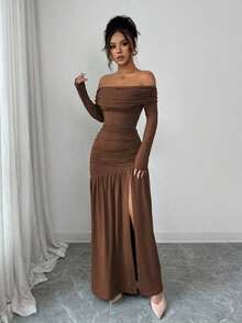 Vestido de punto ajustado de manga larga con hombros descubiertos, elegante y vintage, adecuado para otoño/invierno, Halloween - Café integral - Ver 3