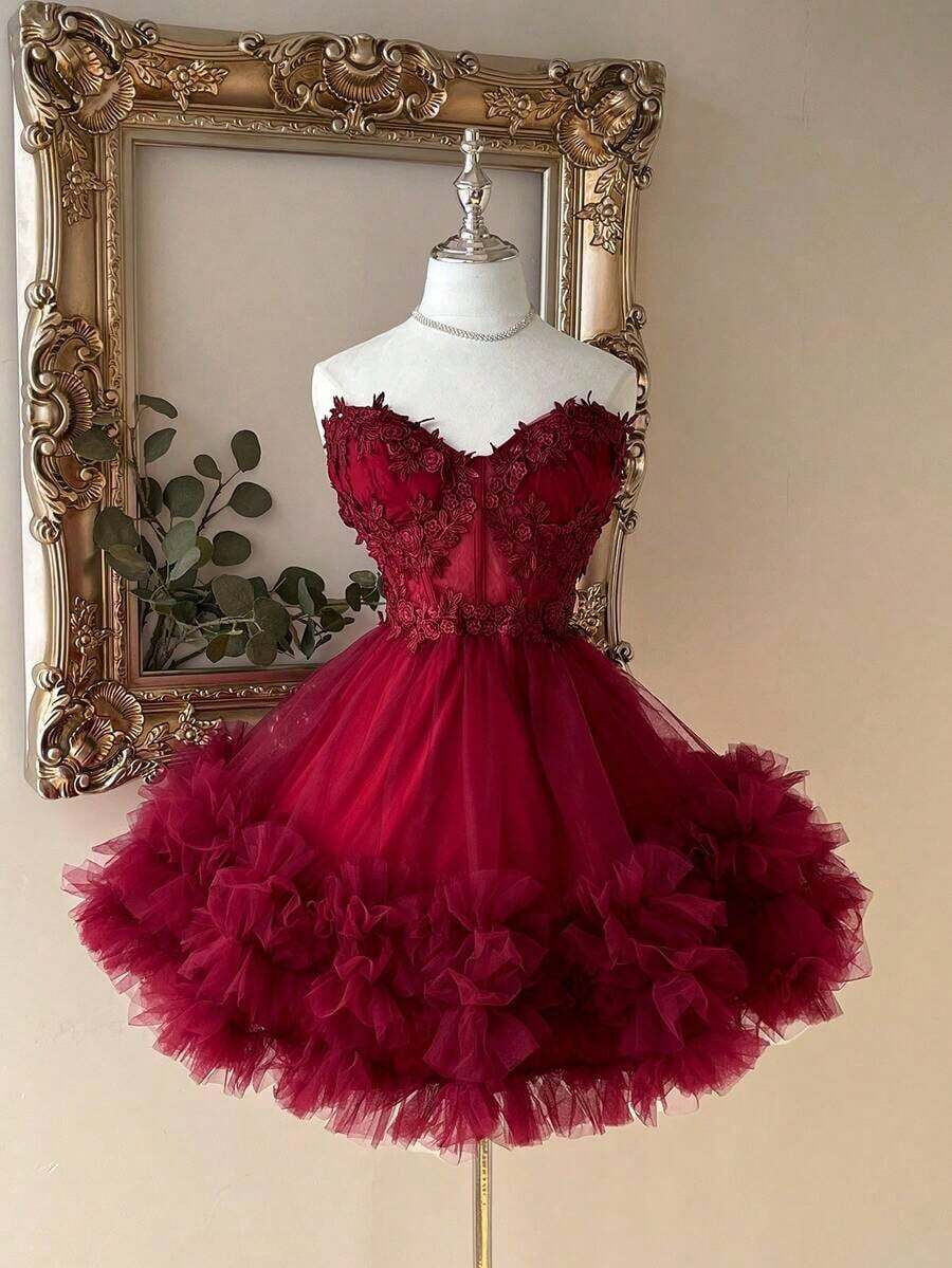 Elegante y lujoso vestido corto hecho a mano con aplicaciones bordadas, encaje de ganchillo y parches de satén, con abertura en la cintura, adecuado para citas, fiestas de solteros, galas, bailes, Día de San Valentín - Burdeos - Ver 1