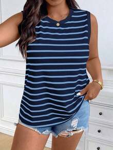 Chaleco sin mangas de mujer de talla grande, casual, de cuello redondo y con estampado de limón, de hombros anchos - Azul marino - Ver 3
