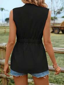 Chaqueta informal holgada, sencilla y de botón sin mangas para mujer - Negro - Ver 2
