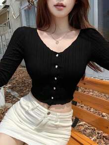Camiseta de mujer de manga larga con rayas texturizadas y decoración de botones con forma de corazón en color rosa, adecuada para primavera y verano estilo Y2K - Negro - Ver 5