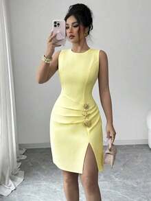 Vestido corto sin mangas de mujer de unicolor, elegante, con cuello redondo, plisado, con abertura en el bajo, con botones de metal con forma de estrella de mar y concha, adecuado para fiestas, citas, trabajo, uso diario, temporada de verano, graduación, vuelta al cole, Día del Maestro - Amarillo - Ver 5