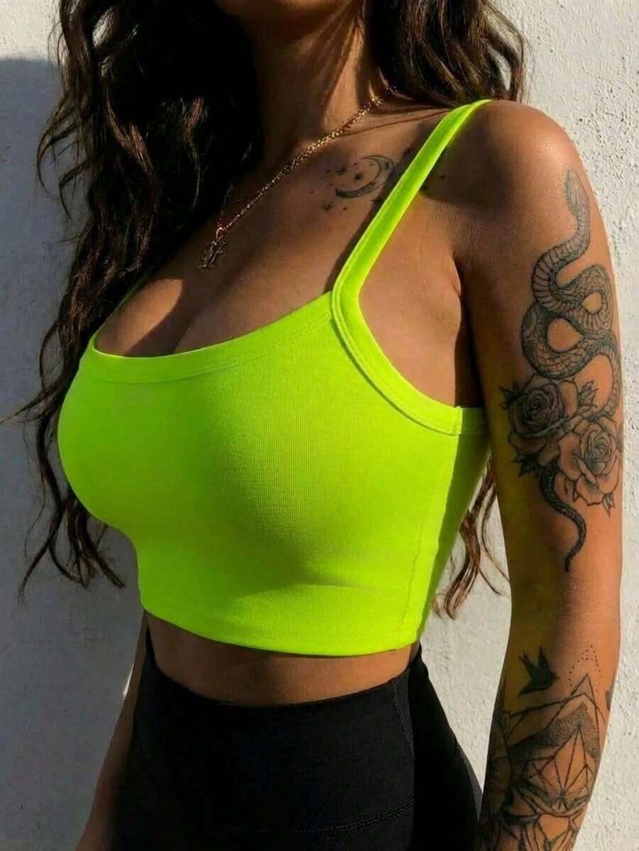 Camiseta corta de tirantes gruesos simple para mujer, adecuada para primavera y verano, estilo casual/streetwear/Y2K, se puede combinar con oficina/hogar/streetwear/discoteca, una opción ideal para blusas casuales de verano en color blanco - Verde - Ver 1