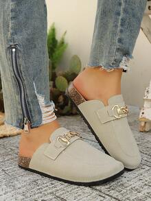 1 Pair Solid Color Casual PU Leather Pure Metal Slide Sandals, Suitable For Home Wear All Seasons - Beige - View 6