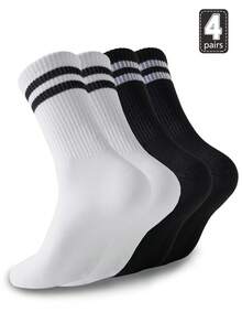 4 Pasang Kaos Kaki Olahraga Pria Model Crew, Kaos Kaki Katun Bernapas dengan Pola Garis, Kaos Kaki Kasual Tinggi Unisex Cocok untuk Musim Semi/Panas, Tahan Bau - MultiWarna - View 11