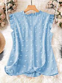 Blusa sin mangas de talla grande para vacaciones casuales con parches de puntitos suizos de mezcla de estilos y dobladillo con volantes - Azul - Ver 2