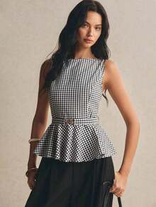 Blusa sin mangas elegante y casual con dobladillo con volantes, para verano - Rojo - Ver 4