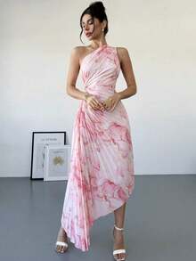 vestido de mujer para primavera/verano de estilo casual, vacacional, romántico, elegante, para citas, con estampado de teñido anudado, cintura hueca, volantes en el bajo y un solo hombro - Rosa - Ver 5
