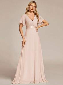Vestido de dama de honor con cuello en V elegante, mangas con volantes y mariposa, color verde salvia, vestido de invitada de boda, vestido de primavera semi-formal para boda, fiesta de cumpleaños, graduación, Día de San Valentín - Champán 2 - Ver 8