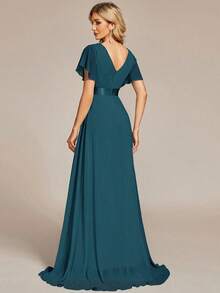 Vestido de dama de honor con cuello en V elegante, mangas con volantes y mariposa, color verde salvia, vestido de invitada de boda, vestido de primavera semi-formal para boda, fiesta de cumpleaños, graduación, Día de San Valentín - Azul - Ver 2