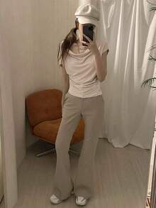 Camiseta de manga corta ajustada con cuello asimétrico y fruncido, de unicolor, para salir, para mujer de verano - Blanco 2 - Ver 6