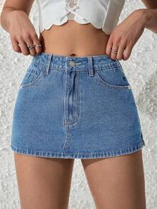 Pantalones cortos de mezclilla casuales y versátiles de unicolor con bolsillo para mujer - Lavado ligero - Ver 6