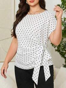 Camisa casual de manga corta con diseño plisado y teñido anudado para mujer de talla grande, adecuada para vacaciones, fiestas y salidas - Blanco - Ver 5