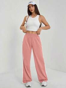 Pantalones casuales con rayas laterales negras, de estilo simple y de moda para uso diario, graduación, maestros y vuelta al colegio para mujeres - Rosa - Ver 5