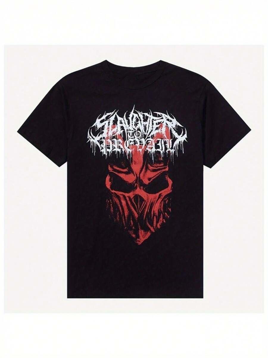 Camiseta Gráfica Slaughter To Prevail Of Darkness Skull, Unisex, de Algodón, Cuello Redondo, Diseño Negro, Tallas S-2XL, Estilo Casual Deportivo para Fans, Acabado Brillante, Camisetas con Calaveras - Negro - Ver 1