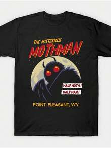 Unisex Retro T-Shirt With Mothman Print, Cotton, Crew Neck, Elastic, Comfortable For All Seasons, Black, Red And White Print, 100% Cotton, Machine Washable, Casual Sporty Style, Woven Texture - 黑色 - 查看 1
