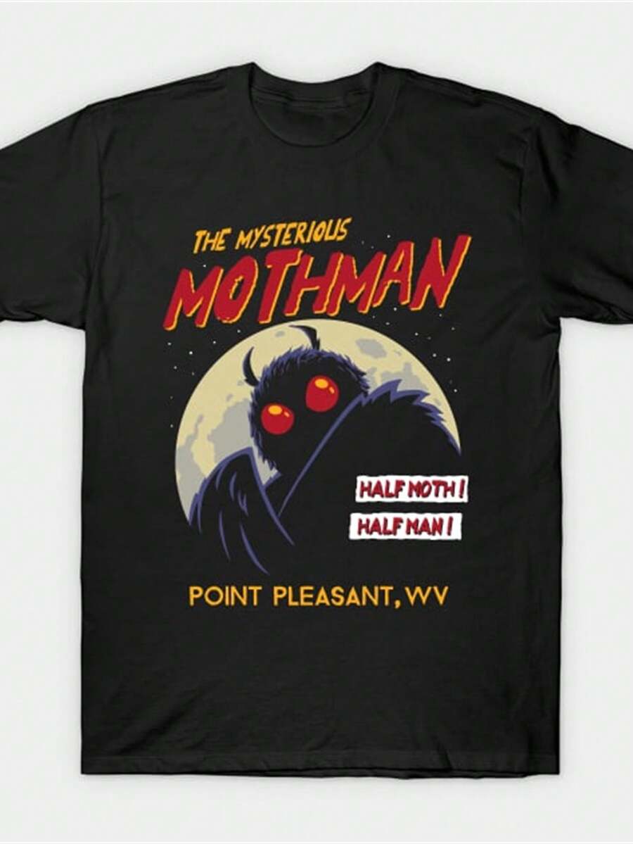 Unisex Retro T-Shirt With Mothman Print, Cotton, Crew Neck, Elastic, Comfortable For All Seasons, Black, Red And White Print, 100% Cotton, Machine Washable, Casual Sporty Style, Woven Texture - 黑色 - 查看 1