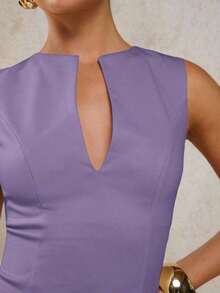 Blusa sin mangas de corte slim de unicolor con cuello en V profundo para mujer - Púrpura malva - Ver 7