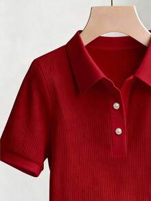 Camisetas de manga corta de unicolor casual para mujer - Rojo - Ver 3