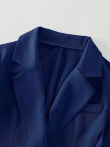 Conjunto de blazer y pantalón de bolsillo de unicolor azul con botones dorados y cuello entallado elegante para mujer, versátil para otoño/invierno - Niebla azul - Ver 6