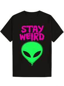 Alien UFO Print T-Shirt "Keep It Weird" - Black With Retro Spaceship Design In Neon Green And Pink, Soft And Breathable Unisex Crew Neck T-Shirt, Vintage Sci-Fi Slogan T-Shirt, Suitable For Casual Wear And Themed Events, Machine Washable And Comfortable Fit. - 黑色 - 查看 6