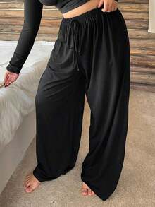 Plus Size Women's Straight Leg Pajama Pants With Elastic Waist And Drawstring, Solid Color Lounge Pants For Autumn And Winter - Black - View 5