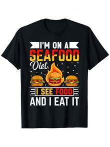Camiseta Divertida para Hombre con Diseño de Dietas de Mariscos - Estoy en Dieta de Mariscos, Veo Comida y Me la Come - Diseño de Hamburguesa - Negra con Texto Amarillo - Camiseta Suave y Transpirable - Tallas S-XXXL - Ropa Casual para el Día a Día y Restaurante de Mariscos - Lavable a Máquina - Negro - Ver 1