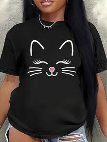 Camiseta ligera y duradera con estampado de gatos, adecuada para salidas informales, uso en casa, cafeterías o actividades al aire libre, diseñada para comodidad y uso diario.women's shirts - Negro - Ver 7