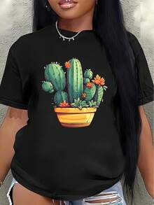 This Short-Sleeved Polyester T-Shirt, Decorated With A Cactus Print, Is Lightweight And Durable, Suitable For Home, Office, Or Casual Outdoor Wear. The Vibrant Plant Pattern In A Yellow Pot Adds A Comfortable And Stylish Touch To Everyday Outfits. - 黑色 - 查看 7