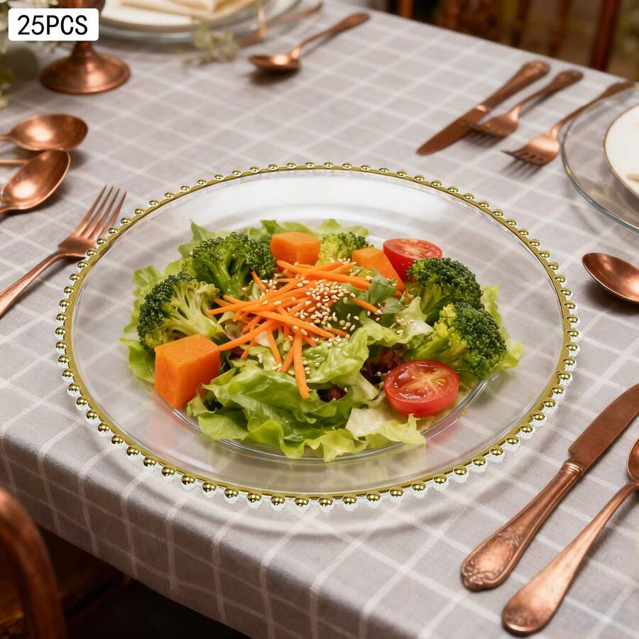 25 Pcs Clear Charger Plates 12.6 Inch Plastic Round Dinner Decorative Plates With Gold Beaded Rim For Party Wedding Birthday Bridal Shower Party Table Supply - Gold - View 1