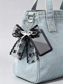 Black Lace Bow Heart-Shaped Clasp Pendant With Pearl Decor, Suitable For Bag Charm, Keychain, Can Hold ID Card, Star Card, Transit Card, Photo, Residence Permit, Etc. - Multicolor - View 8