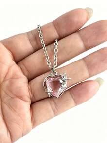1 chiếc vòng cổ Peach Galaxy với mặt dây chuyền hình trái tim pha lê, kiểu dáng choker đa năng. - Trái tim hồng - Xem 6