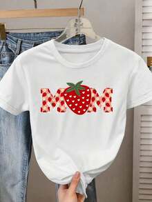 1PC Elegant Short Sleeve T-Shirt For Mother's Day With Strawberry Floral Print And The Letter "MOM", Round Neck, Suitable For Spring, Summer, Autumn And Winter, Modern, Comfortable, Soft, Breathable, New, Versatile For Day, Vacation, Casual Elegant Retro Style, "Mama Bear" Graphic T-Shirt For Mother's Day. - 白色 - 查看 1
