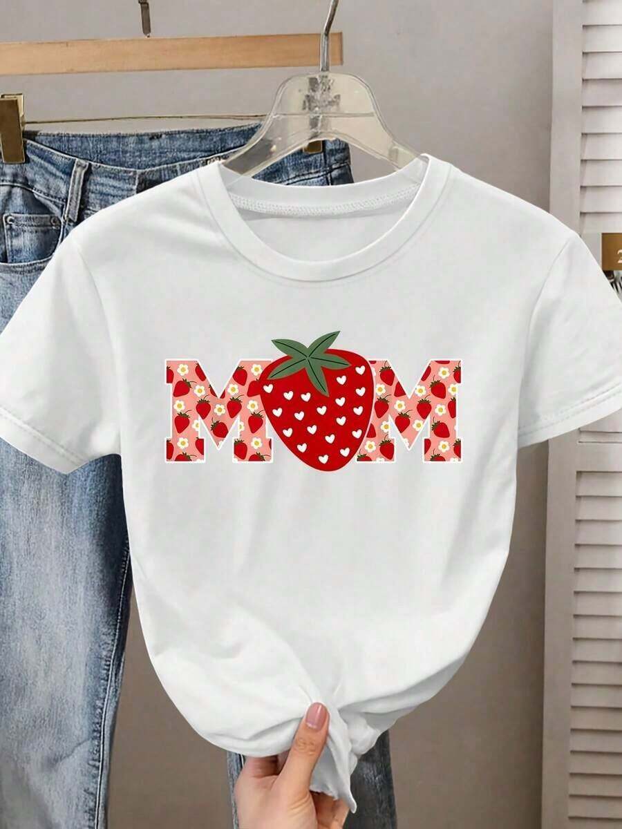 1PC Elegant Short Sleeve T-Shirt For Mother's Day With Strawberry Floral Print And The Letter "MOM", Round Neck, Suitable For Spring, Summer, Autumn And Winter, Modern, Comfortable, Soft, Breathable, New, Versatile For Day, Vacation, Casual Elegant Retro Style, "Mama Bear" Graphic T-Shirt For Mother's Day. - 白色 - 查看 1