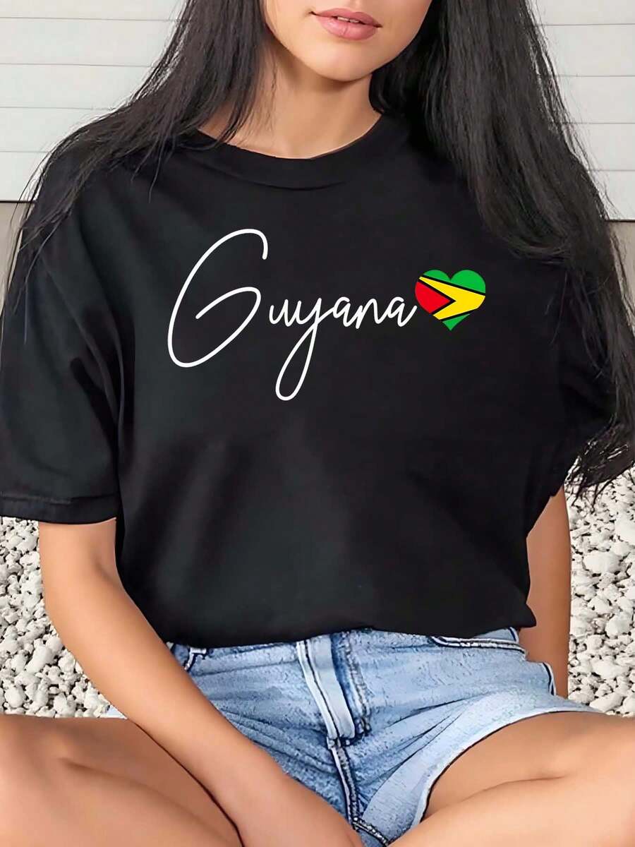 Women Guyana Flag Heart Print T Shirt Casual Summer Outfit 220g - 黑色 - 查看 1