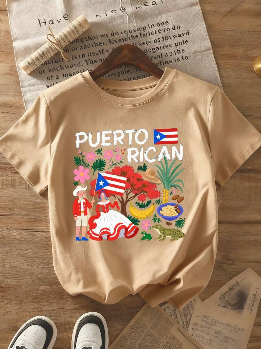 Camiseta de Verano Premium Estampada para Mujer, Camiseta Cultural de Puerto Rico | 100% unisex, tela cómoda, ropa casual, diseñada con patrones tradicionales (bandera de Puerto Rico, ropa, plátano, rana). - Albaricoque - Ver 1