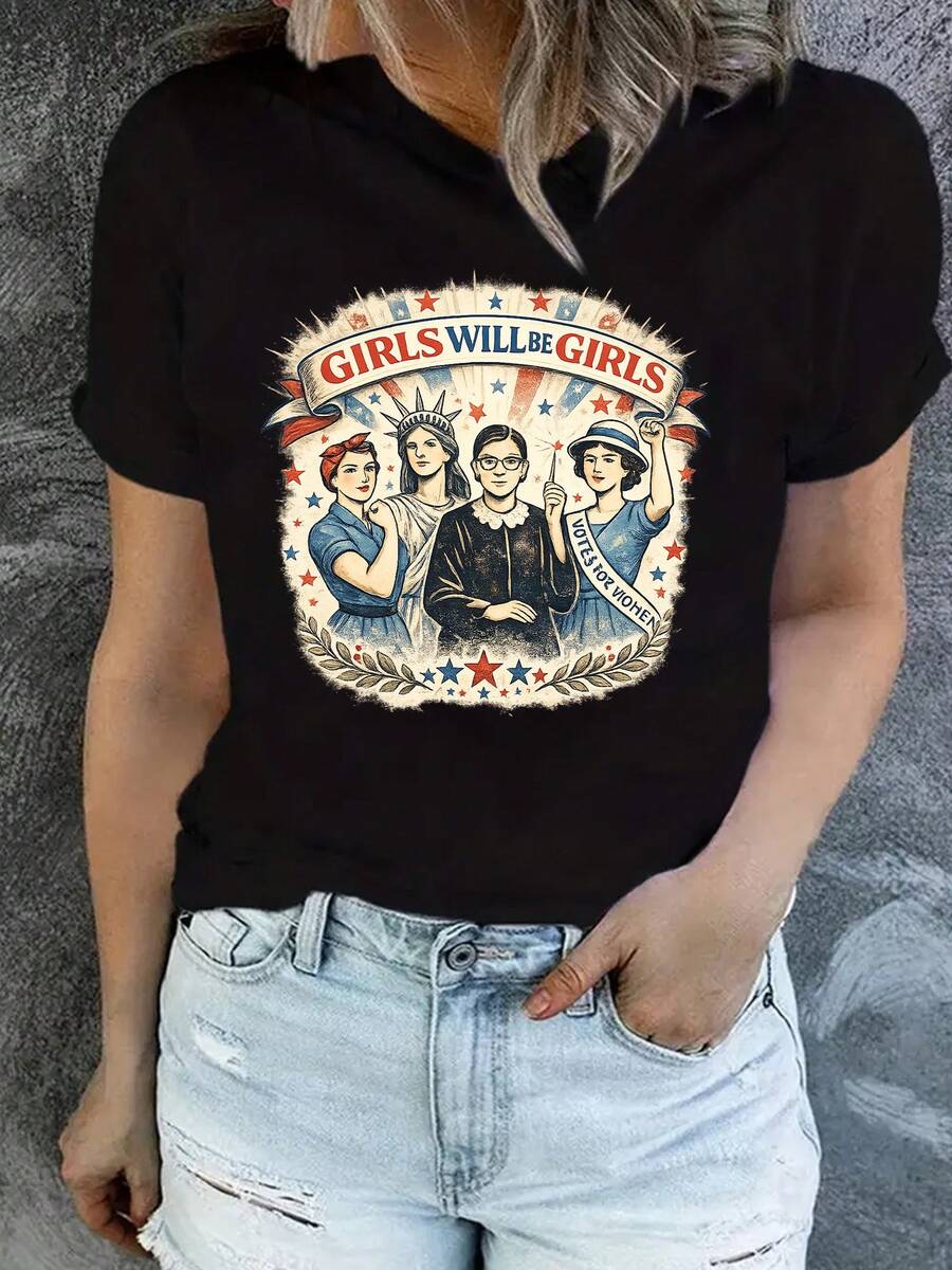 Women's Casual Short-Sleeved T-Shirt, Ideal For Summer Vacation, Printed With The Words "GIRLS WILL BE GIRLS", Decorated With A Red Pattern Design And Four Feminine Illustrations (Red Scarf, Statue Of Liberty Crown, Short Hair, "She's The First" Banner), Soft Casual Summer T-Shirt. - 黑色 - 查看 1