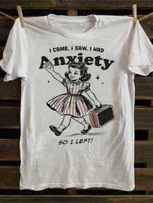 1 pieza de ropa de mujer, camiseta blanca con estampado retro de chica ansiosa, camisetas, top blanco, camisetas gráficas para mujer, camiseta unisex casual de cuello redondo, tela ligera, lavable a máquina, para primavera/verano/otoño, Halloween, Navidad, Día de San Valentín, 180g, 100% algodón. - Blanco - Ver 1