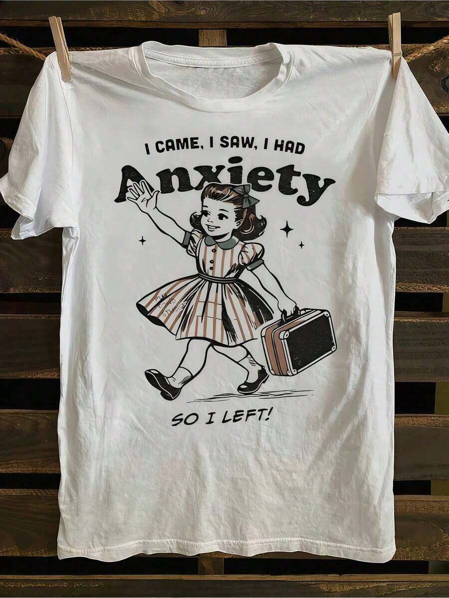 1 pieza de ropa de mujer, camiseta blanca con estampado retro de chica ansiosa, camisetas, top blanco, camisetas gráficas para mujer, camiseta unisex casual de cuello redondo, tela ligera, lavable a máquina, para primavera/verano/otoño, Halloween, Navidad, Día de San Valentín, 180g, 100% algodón. - Blanco - Ver 1