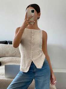Blusa elegante sin mangas con botones delanteros y estampado de rayas para mujer - Albaricoque - Ver 5