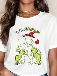 Cartoon T-Shirt With Dinosaur Mom G Masauros And Babies, Cute T-Shirt For Women, Funny Gift For Mother's Day, Casual Black Top. - 白色 - 查看 6