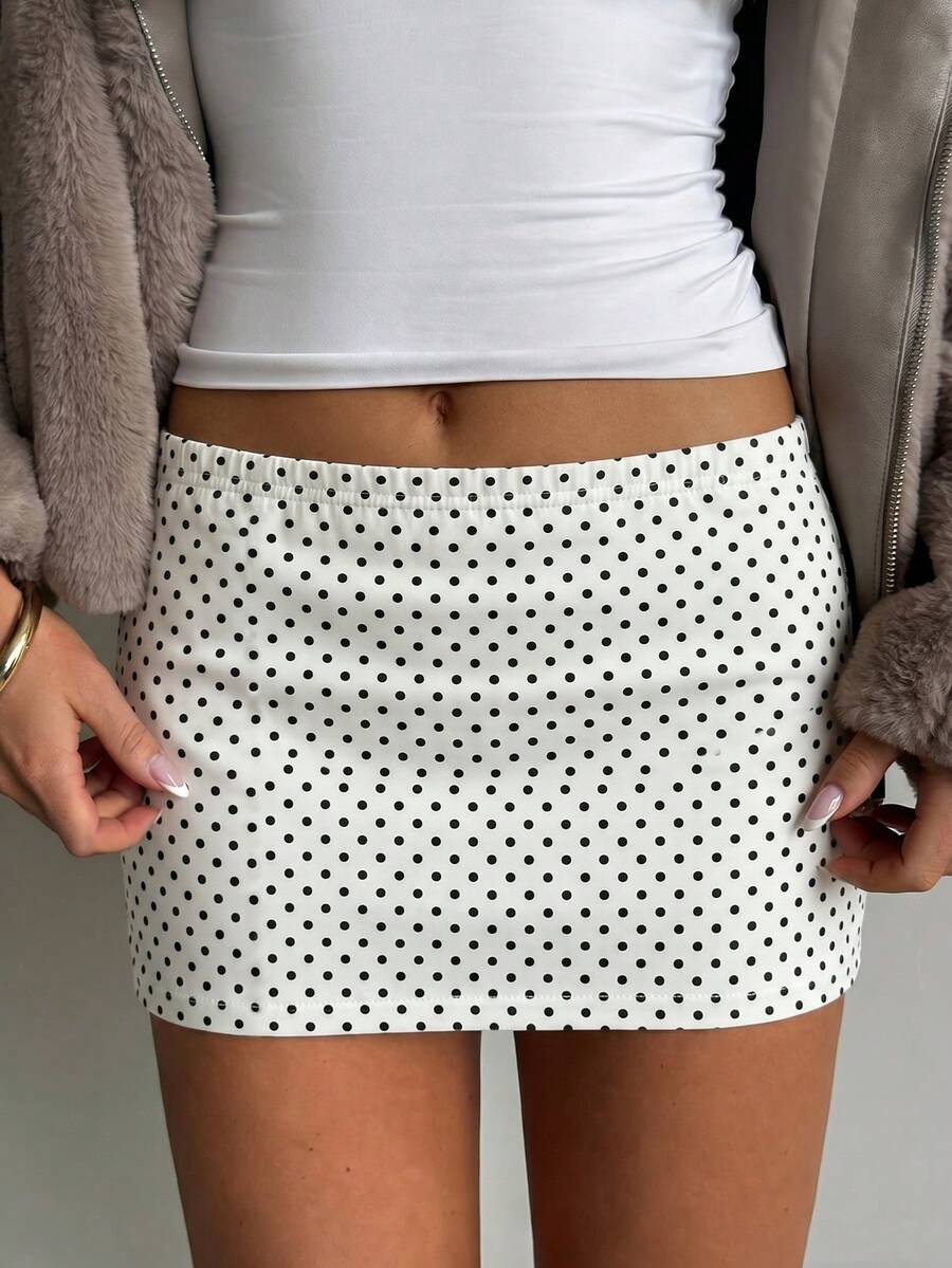 Versatile Polka Dot Print Design Bodycon Mini Skirt, Fashionable For Vacation, Spring/Summer New Arrival White - White - View 1