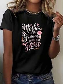 Women's T-Shirt, Casual Top Printed With A Floral Design And The Text "Mother Of The Groom", Sporty Short Sleeves, Suitable For Casual Daily Wear And Holidays. - 黑色 - 查看 7
