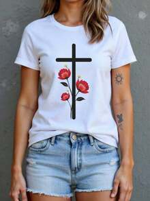 Women's White Short Sleeve Crew Neck T-Shirt With Cross And Red Rose Print, Casual Everyday Wear, Loose Fit, Unisex, Suitable For All Seasons, Breathable And Stylish, Perfect For Beach And Parties - 白色 - 查看 1