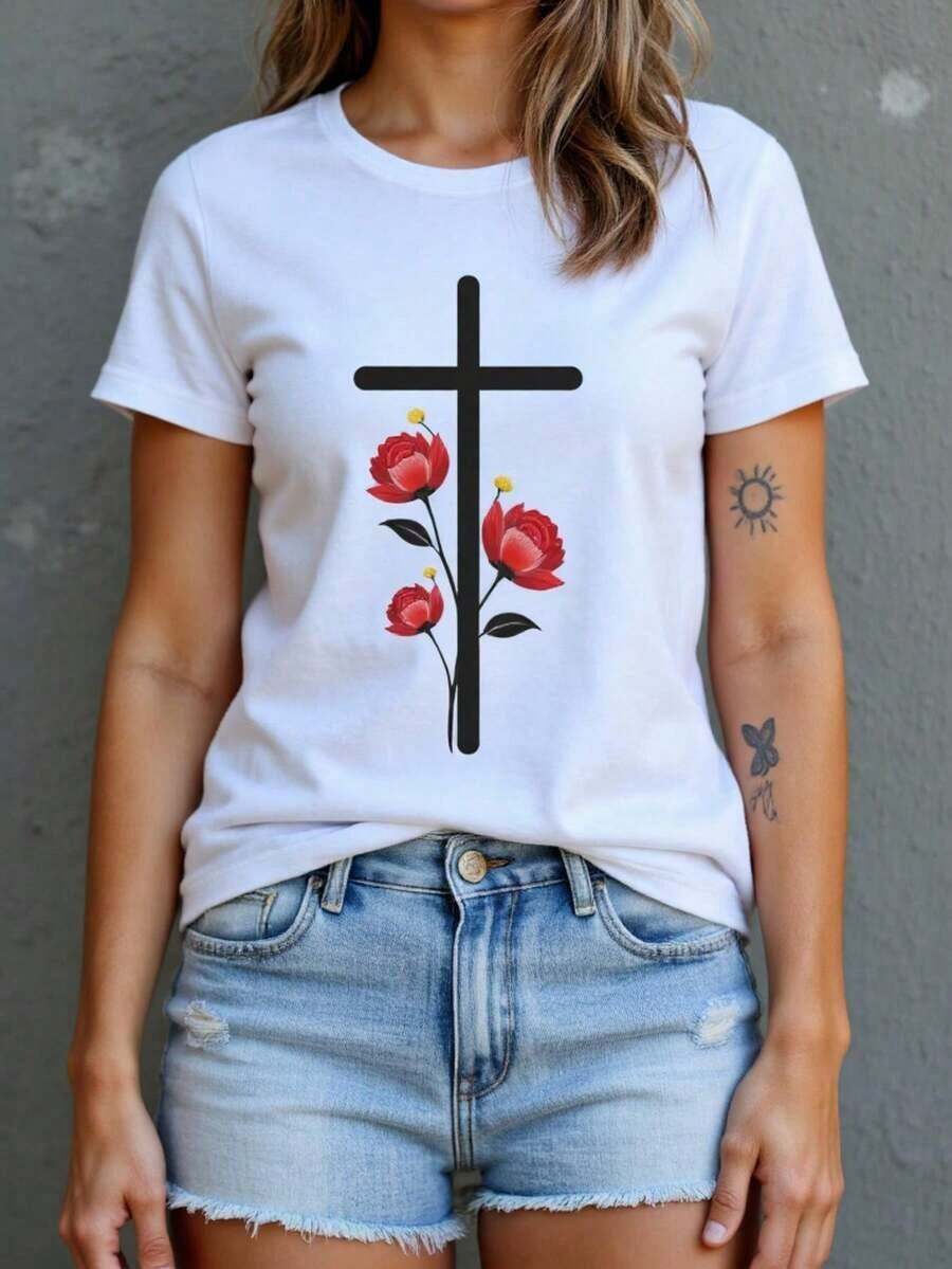 Women's White Short Sleeve Crew Neck T-Shirt With Cross And Red Rose Print, Casual Everyday Wear, Loose Fit, Unisex, Suitable For All Seasons, Breathable And Stylish, Perfect For Beach And Parties - 白色 - 查看 1