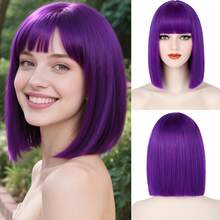 A Stylish Women's Purple Wig, Made Of High-Temperature Synthetic Straight Hair With Bangs. Wig Features A Smooth And Sleek Short Hair Style, Versatile And Fashionable, Suitable Various Shapes. It Is A Multi-Functional Wig Music Festivals, Carnivals, And Cosplay Parties - Màu tím - Xem 7